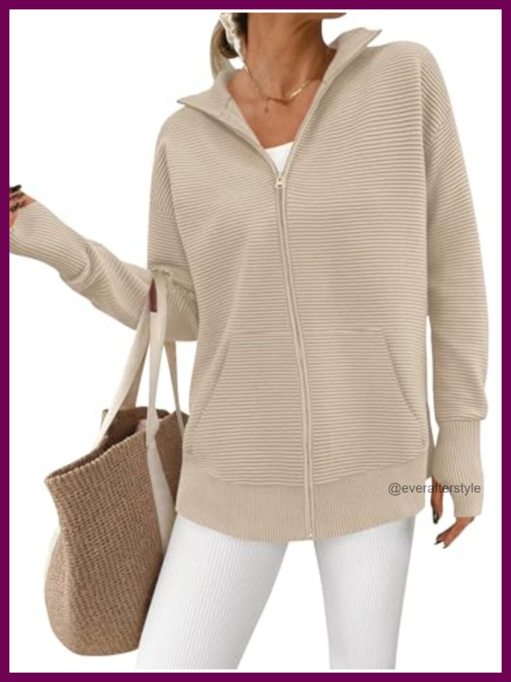 Long Sleeve Zip Up Cardigan Knit Sweater Jacket with Thumb Holes